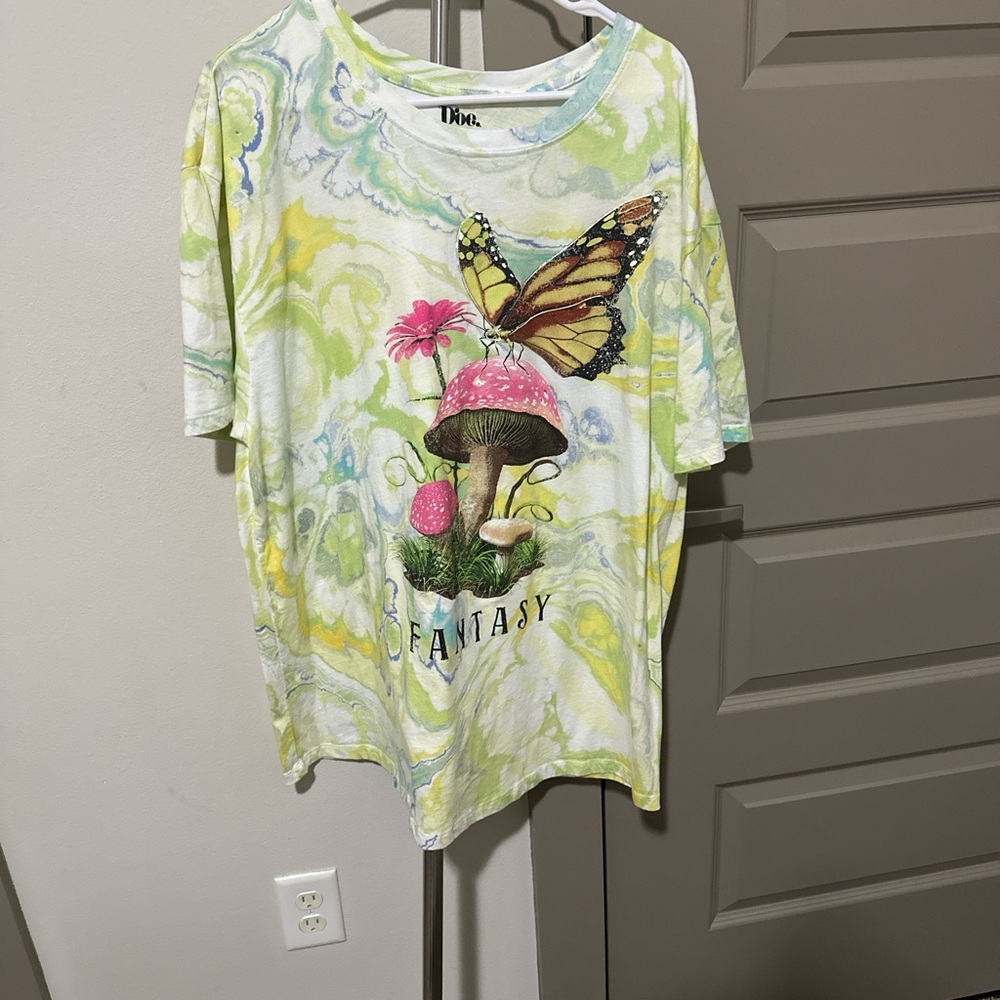 Colorful Graphic T-Shirt with Butterfly and Mushroom